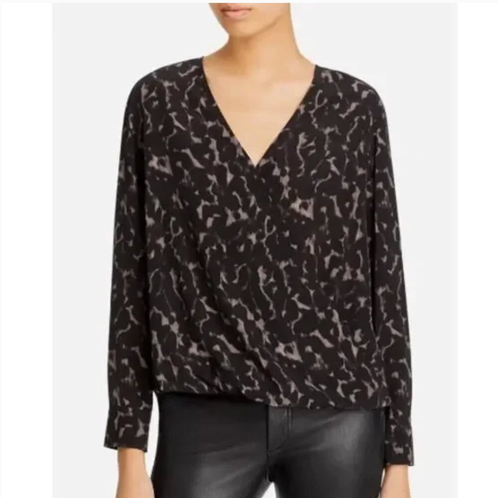 NEW Rails Black Long Sleeve Hillary Diffused Cheetah Print Wrap Blouse